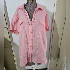 Womens Eddie Bauer Pink Button-Up Short Shirt 100% Linen Size 3X